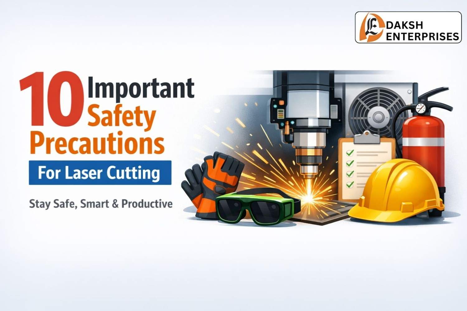 Laser cutting safety precautions with operator wearing goggles and gloves using a laser cutting machine.