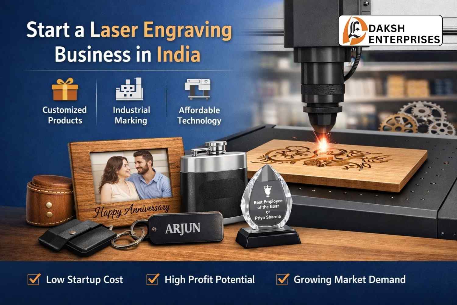 Laser engraving machine engraving a design on wood in a small workshop for a laser engraving business in India