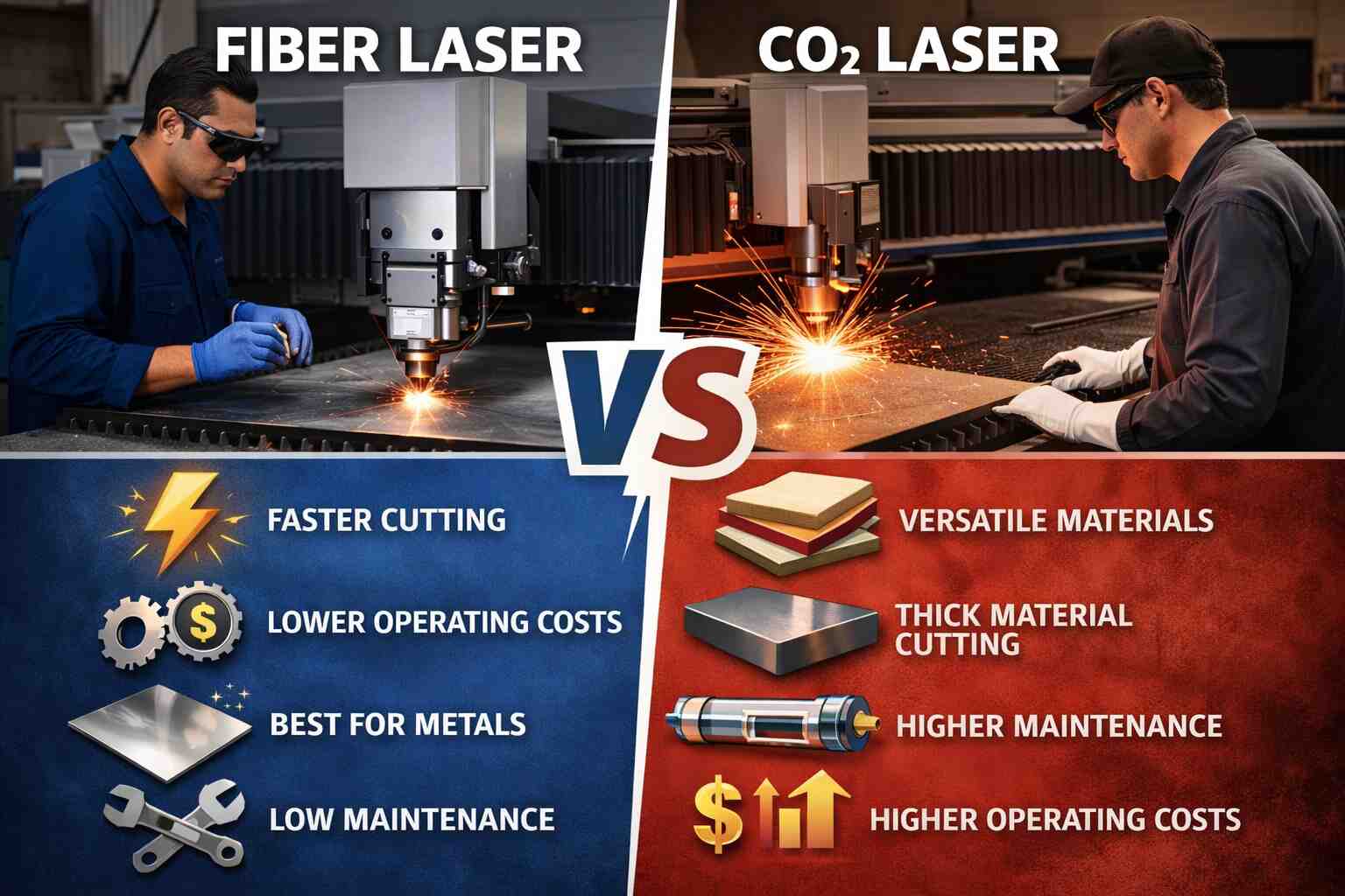 Fiber laser vs CO2 laser comparison showing industrial metal cutting machines in action